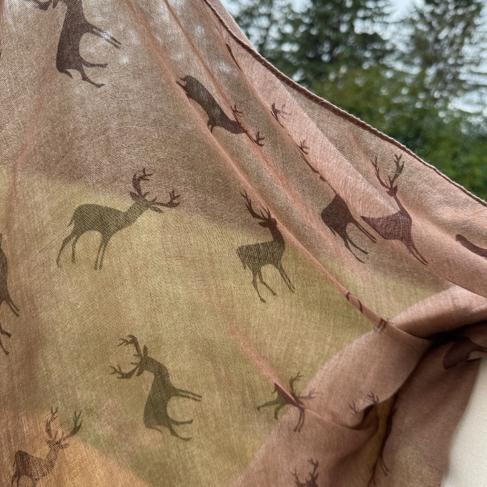 Joy Susan Wide Gauze Scarf Brown Deer Elk Border - Picture 5 of 8
